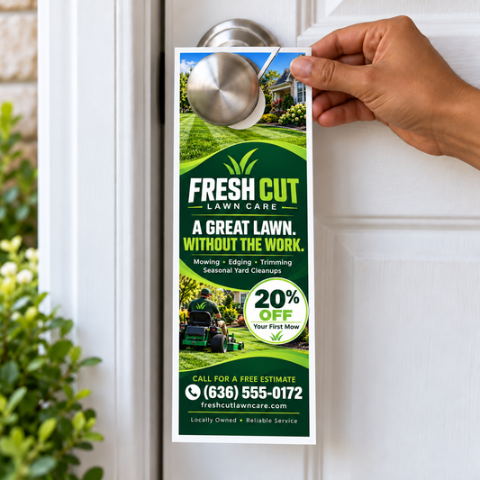 Custom printed full-color door hanger featuring a vibrant green lawn care advertising design with sharp graphics, bold text, and a promotional discount. Professional die-cut door hanger with a pre-cut circular doorknob hole, slit, and white border, displayed on a residential front door. High-quality custom door hanger printing for local business advertising, landscaping promotions, and direct marketing campaigns.
