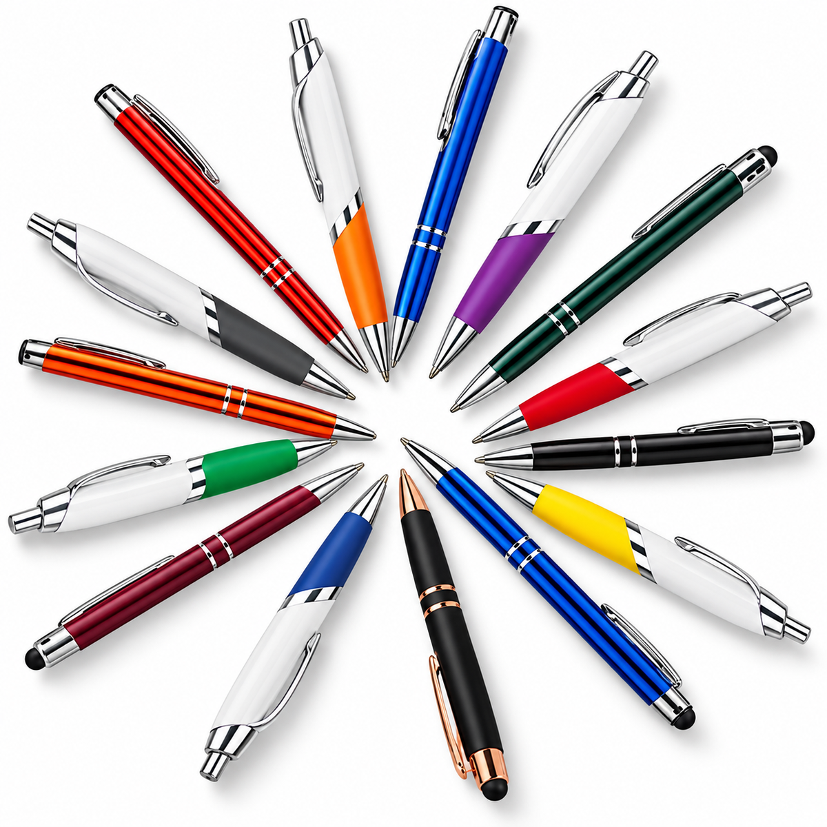 Twelve ballpoint pens in assorted colors are arranged in a circular pattern on a clean white background. The pens feature metallic finishes including silver, gold, bronze, blue, red, orange, purple, green, black, yellow, and white.