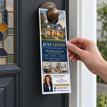 “Custom printed full-color door hanger featuring a real estate Just Listed design with vibrant photos, crisp graphics, and professional printing. Full-color die-cut door hanger with a pre-cut doorknob hole and white border, displayed on a residential front door. High-quality custom door hanger printing for real estate advertising, business promotions, and neighborhood marketing